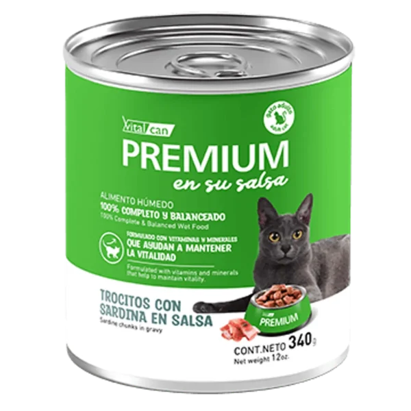Lata Vitalcan Premium Gato Trocitos Sardina en Salsa 340GR